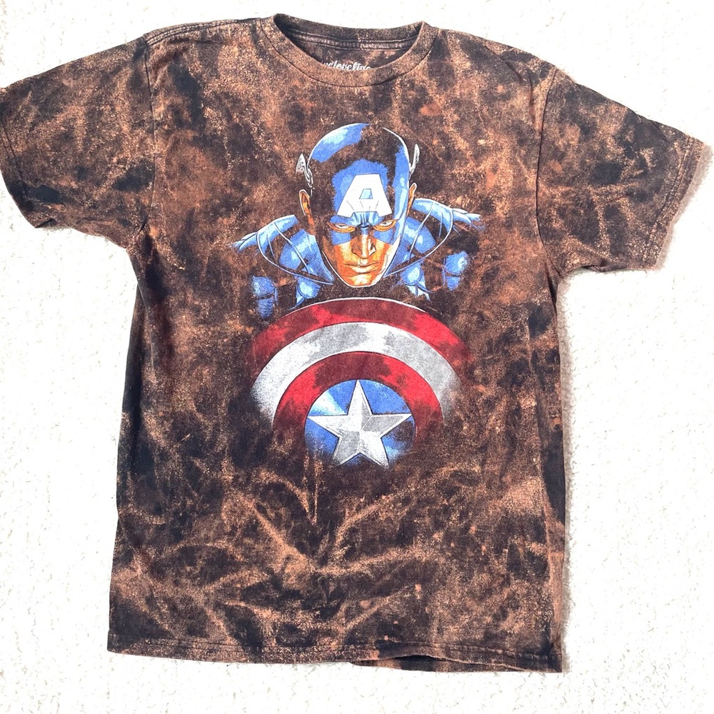 Marvel Hand Distressed Acid Washed Bleached Unisex Tee Medium Captain America